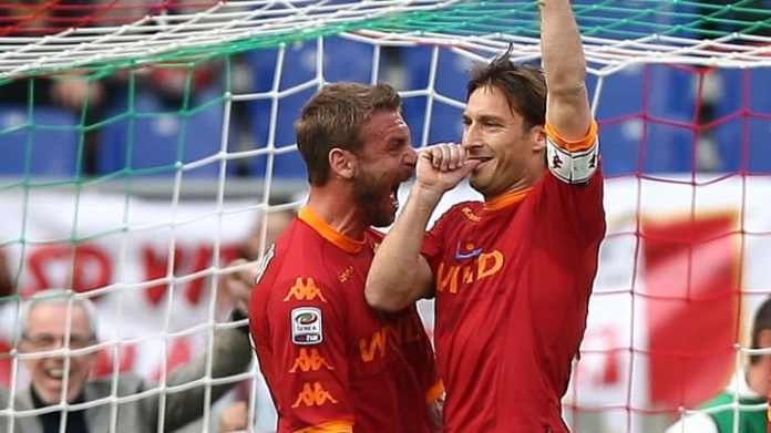 Francesco Totti with his teammate Daniele De Rossi of AS Roma celebrate