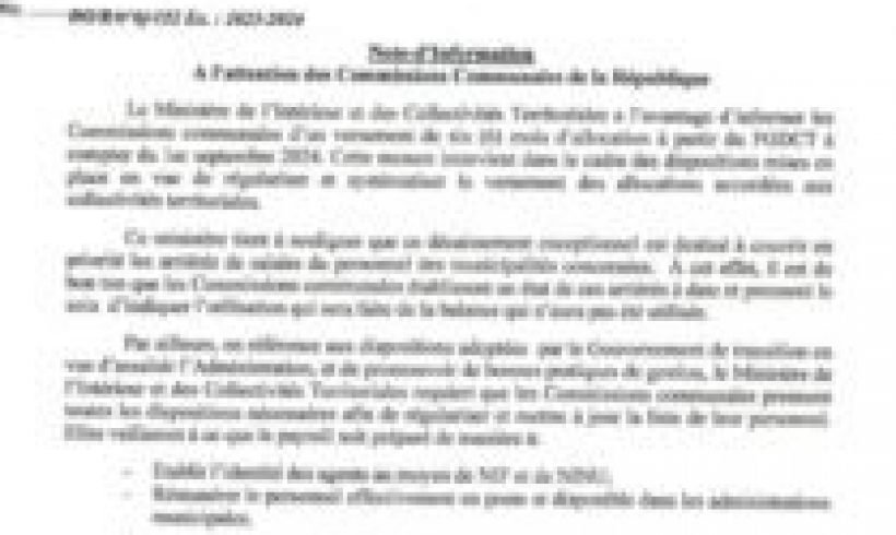 Versement de six mois d’allocations aux Commissions Communales : Une Initiative du Ministère de l’Intérieur et des Collectivités Territoriales (MICT) Versement de six mois d’allocations aux Commissions Communales : Une Initiative du Ministère de l’Intérieur et des Collectivités Territoriales (MICT)