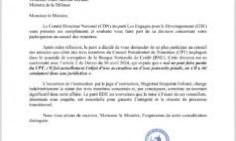 Le parti EDE somme le ministre de la Défense de ne plus participer au conseil des ministre aux côtés des trois corrompus du CPT Le parti EDE somme le ministre de la Défense de ne plus participer au conseil des ministre aux côtés des trois corrompus du CPT