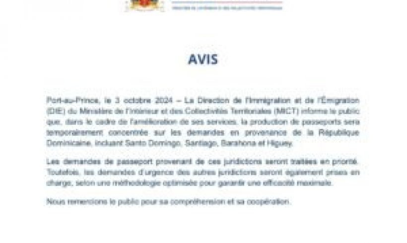 Passeports : La DIE donne la priorité aux demandes de la République Dominicaine Passeports : La DIE donne la priorité aux demandes de la République Dominicaine
