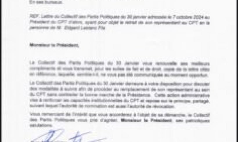 Le Collectif des Partis Politiques du 30 Janvier demande le remplacement de son représentant au sein du CPT