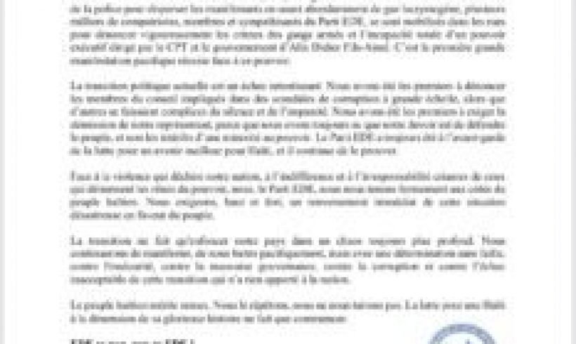 Le Parti EDE de Claude Joseph lance une Mobilisation Massive Contre le Gouvernement CPT-Fils-Aimé Le Parti EDE de Claude Joseph lance une Mobilisation Massive Contre le Gouvernement CPT-Fils-Aimé
