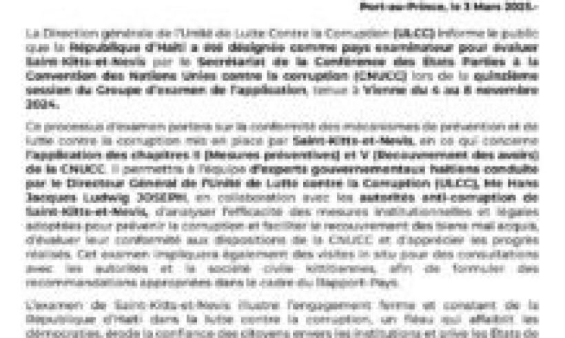 Haïti désigné pour évaluer les mécanismes anti-corruption de Saint-Kitts-et-Nevis Haïti désigné pour évaluer les mécanismes anti-corruption de Saint-Kitts-et-Nevis